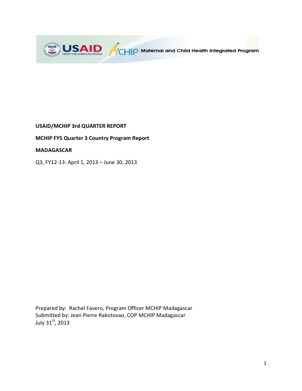 USAID/MCHIP 3rd QUARTER REPORT MCHIP FY5 Quarter 3 Country Program Report MADAGASCAR