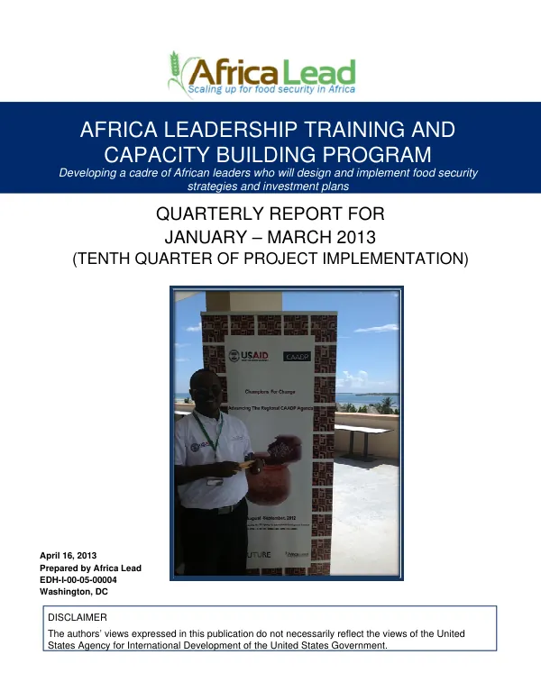 Africa Leadership Training and Capacity Building Program: Quarterly Report for January – March 2013 (Tenth Quarter of Project Implementation)