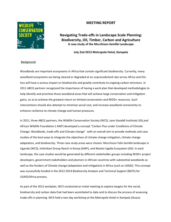 Navigating Trade-offs in Landscape Scale Planning: Biodiversity, Oil, Timber, Carbon and Agriculture A case study of the Murchison-Semliki Landscape