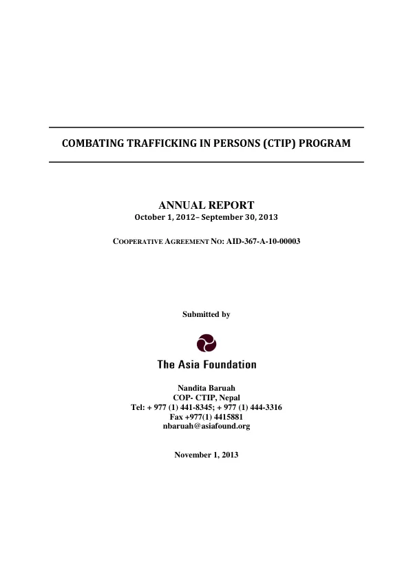 Annual Report: Combating Trafficking in Persons (CTIP) Program, October 1, 2012– September 30, 2013