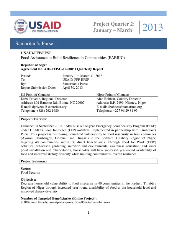Quarterly Report: Food Assistance to Build Resilience in Communities (FABRIC) in the Republic of Niger
