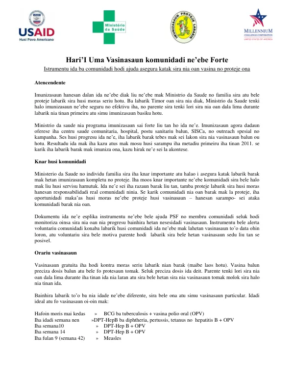 Uma Vasinasaun Forte: Instrumentu ba Monitoriza Progresu Vasinasaun iha Timor-Leste