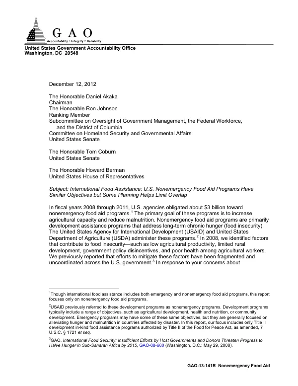 International Food Assistance: U.S. Nonemergency Food Aid Programs Have Similar Objectives but Some Planning Helps Limit Overlap