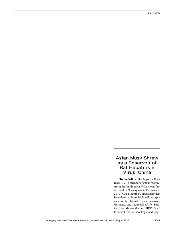 Asian Musk Shrew as a Reservoir of Rat Hepatitis E Virus, China