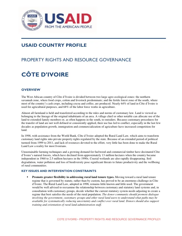 COTE D'IVOIRE– PROPERTY RIGHTS AND RESOURCE GOVERNANCE PROFILE