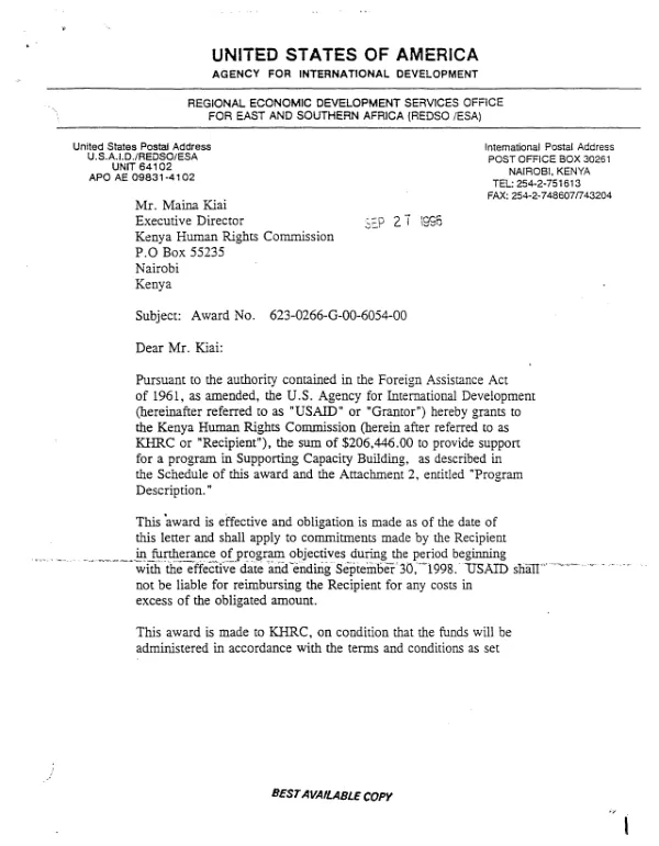 USAID award no. 623-0266-G-00-6054-00 to the Kenya Human Rights Commission to support an institutional strengthening program