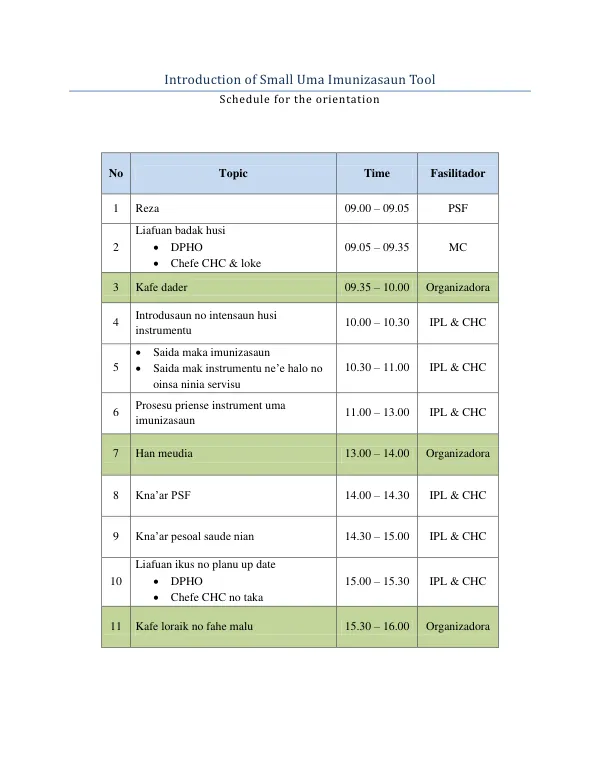 Small Uma Imunizasaun Tool Orientation Schedule