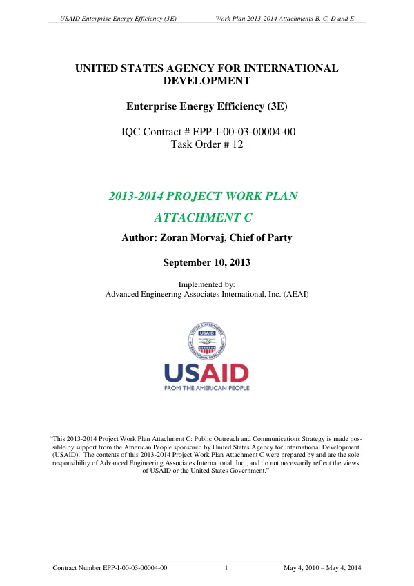 USAID Enterprise Energy Efficiency (3E) Work Plan 2013-2014 Attachments B, C, D and E