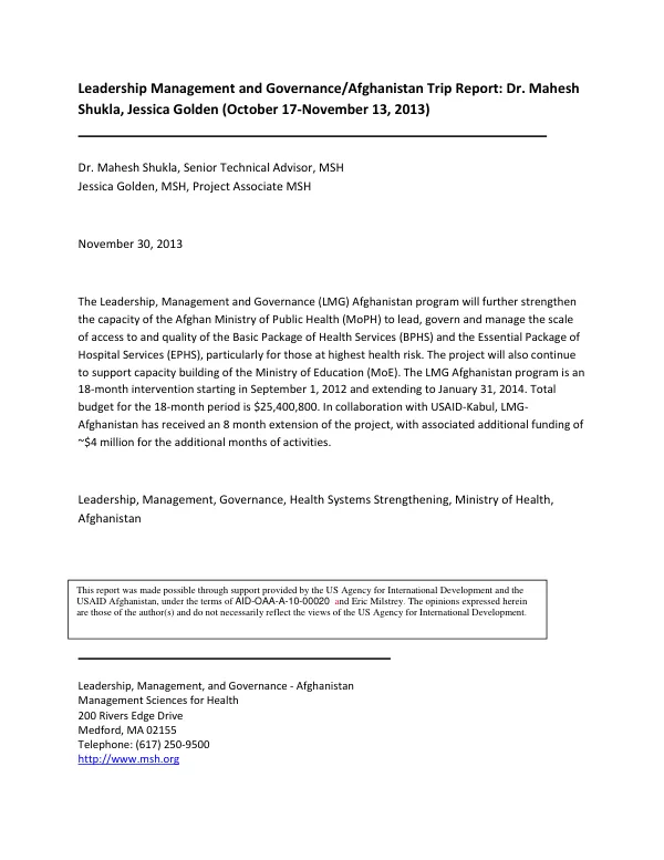 Leadership, Management and Governance/Afghanistan Trip Report: Dr. Mahesh Shukla, Jessica Golden