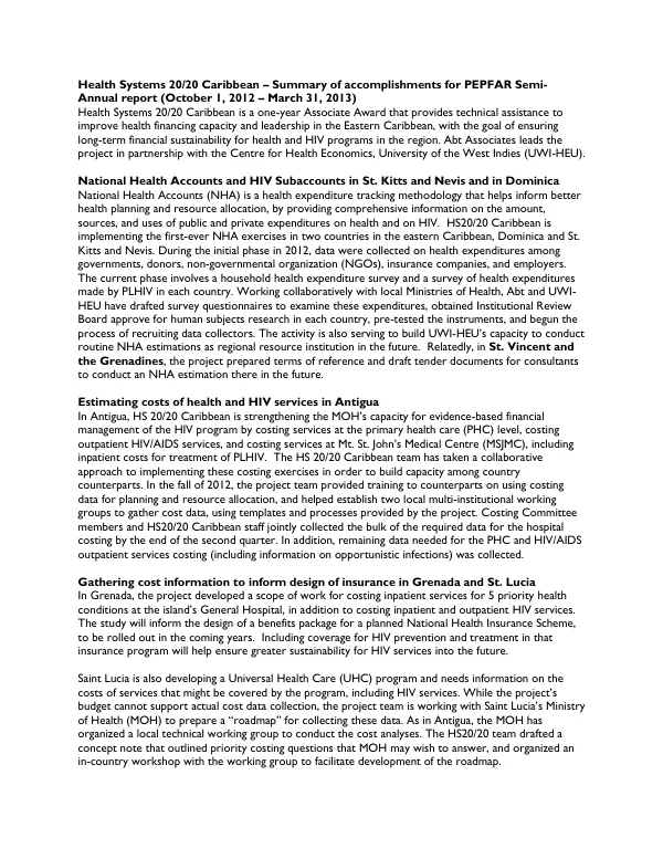 Health Systems 20/20 Caribbean – Summary of accomplishments for PEPFAR Semi-Annual report (October 1, 2012 – March 31, 2013)