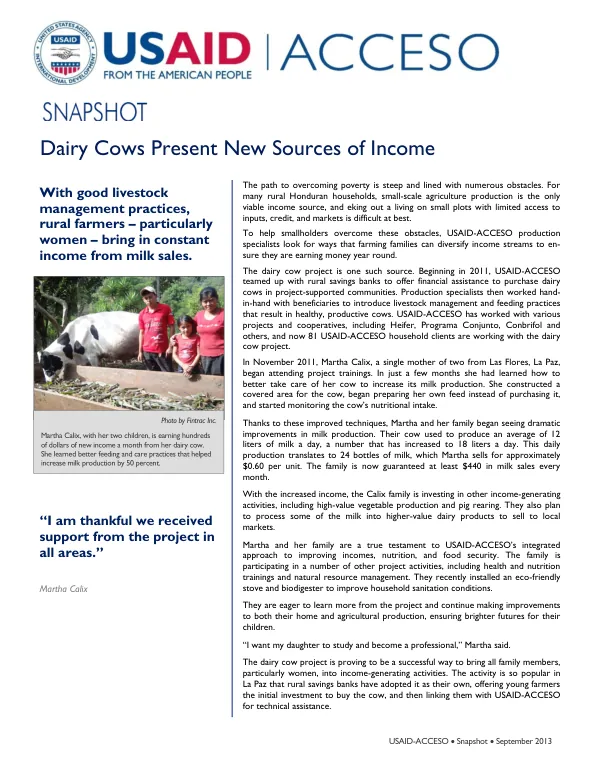 USAID-ACCESO Snapshot: Dairy Cows Present New Sources of Income in Honduras