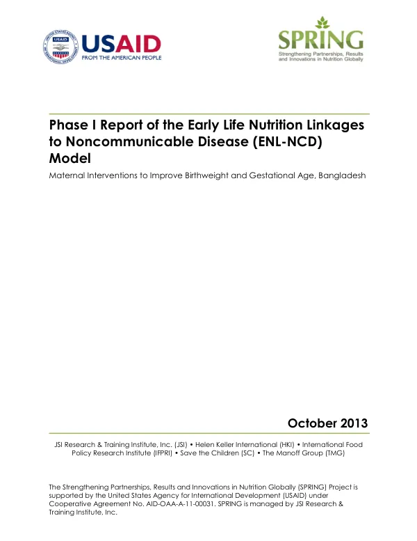 Phase I Report of the Early Life Nutrition Linkages to Noncommunicable Disease (ENL-NCD) Model: Maternal Interventions to Improve Birthweight and Gestational Age, Bangladesh