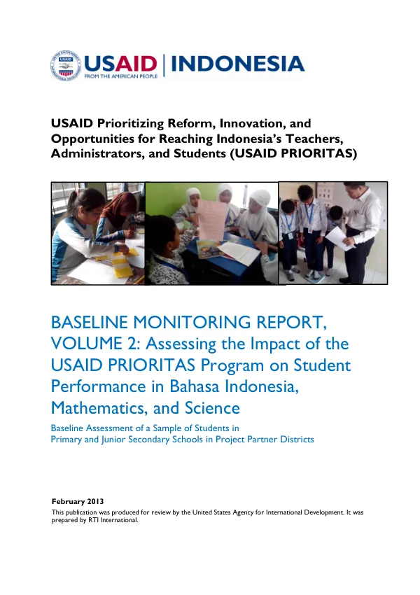Assessing the Impact of the USAID PRIORITAS Program on Student Performance in Bahasa Indonesia, Mathematics, and Science