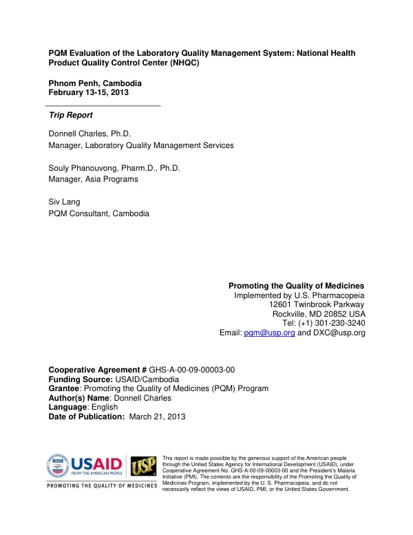 PQM Evaluation of the Laboratory Quality Management System: National Health Product Quality Control Center (NHQC)
