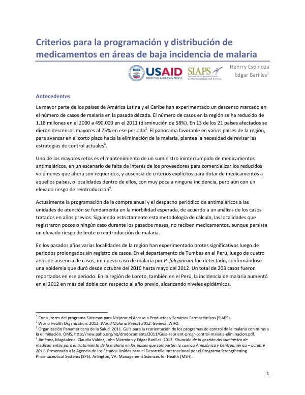 Criterios para la programación y distribución de medicamentos en áreas de baja incidencia de malaria