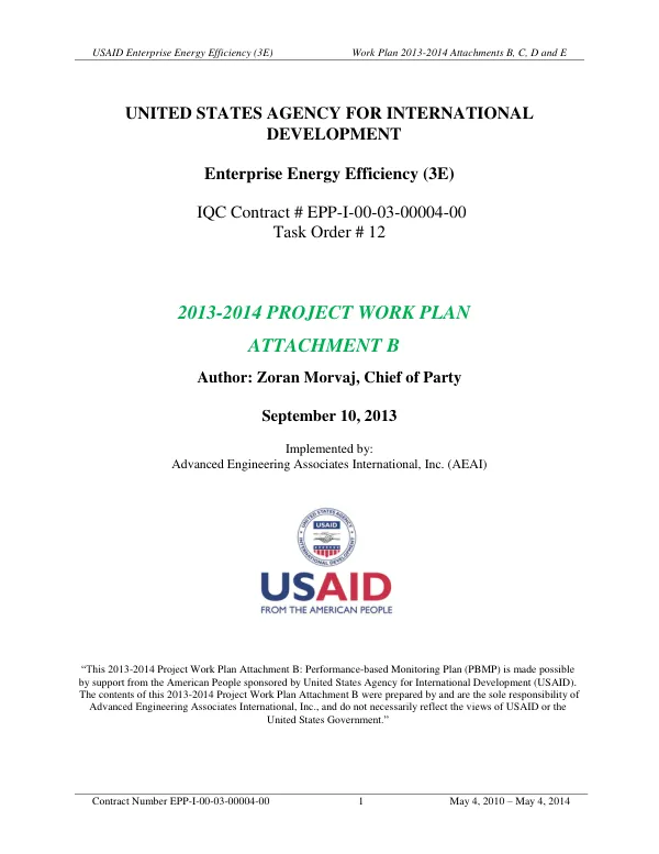 USAID Enterprise Energy Efficiency (3E) Work Plan 2013-2014 Attachments B, C, D and E