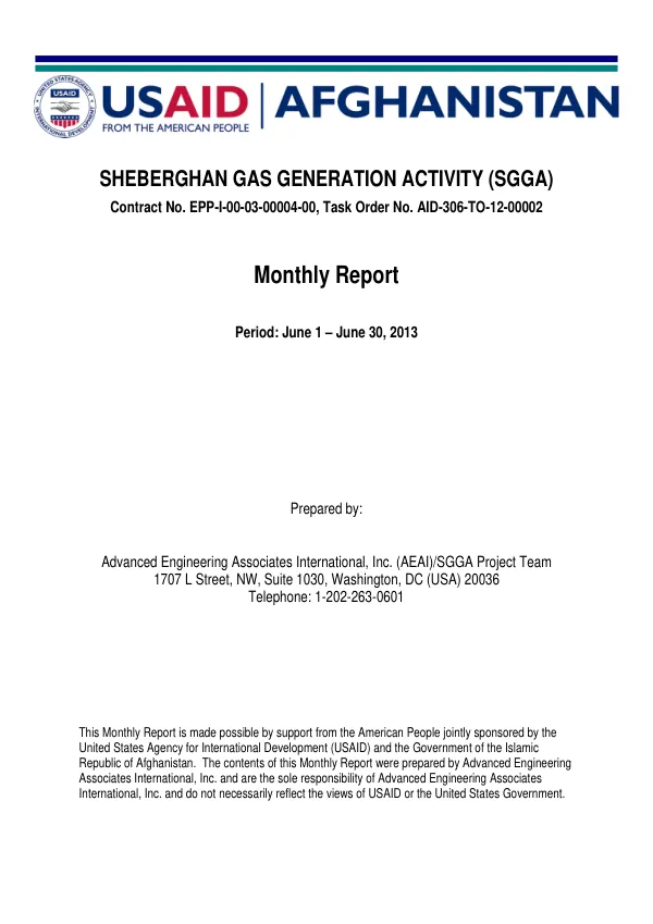 Sheberghan Gas Generation Activity (SGGA) Monthly Report June 1 – June 30, 2013