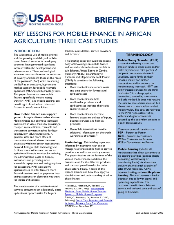 Key Lessons for Mobile Finance in African Agriculture: Three Case Studies