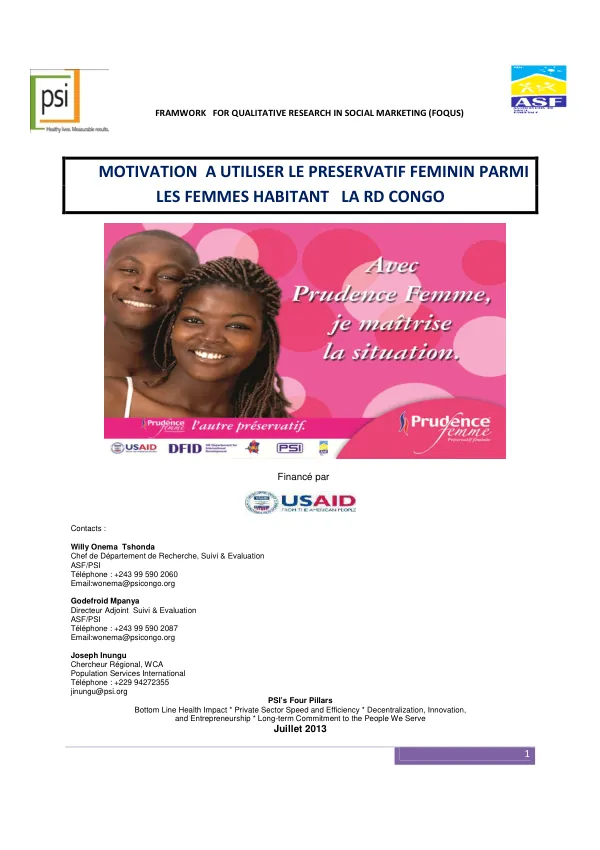 Dashboard du FoQus on Segmentation_Condom Féminin_RDC_juillet 2013