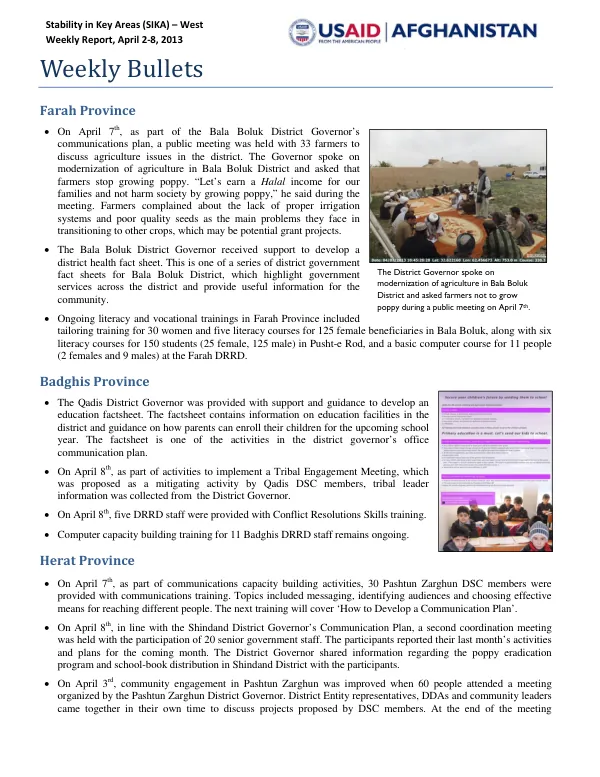 Stability in Key Areas (SIKA) – West Weekly Report, April 2-8, 2013