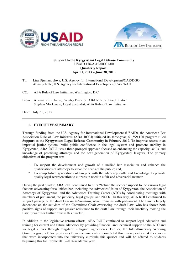 Support to the Kyrgyzstani Legal Defense Community Quarterly Report: April 1, 2013 – June 30, 2013