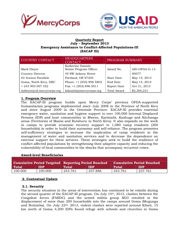 Second Quarterly Report: Emergency Assistance to Conflict-Affected Populations-III