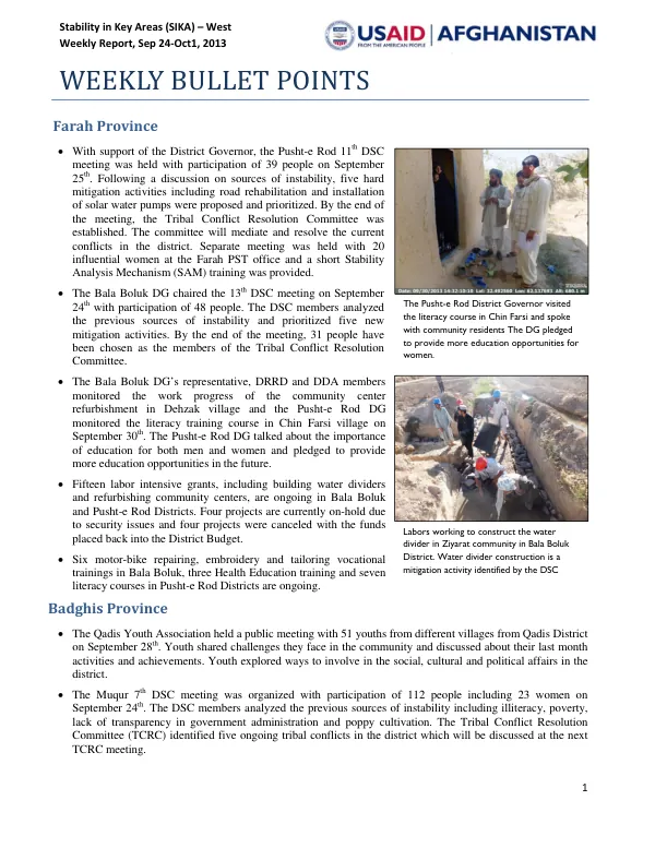 Stability in Key Areas (SIKA) – West Weekly Report, Sep 24-Oct1, 2013