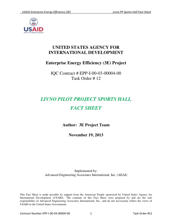 USAID Enterprise Energy Efficiency (3E) Livno PP Sports Hall Fact Sheet