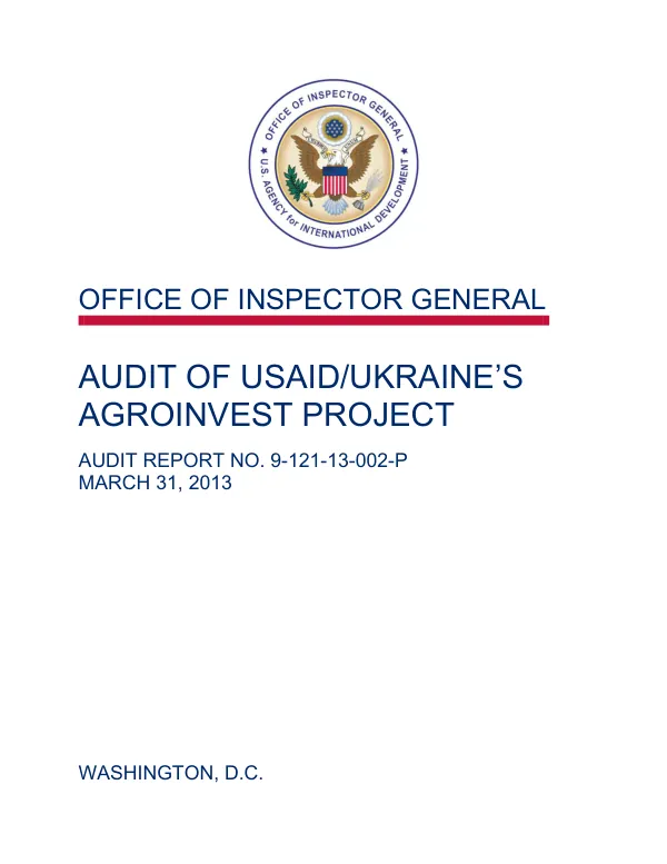 Audit of USAID/Ukraine’s AgroInvest Project