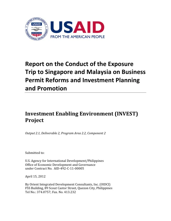 Report on the Conduct of the Exposure Trip to Singapore and Malaysia on Business Permit Reforms and Investment Planning and Promotion