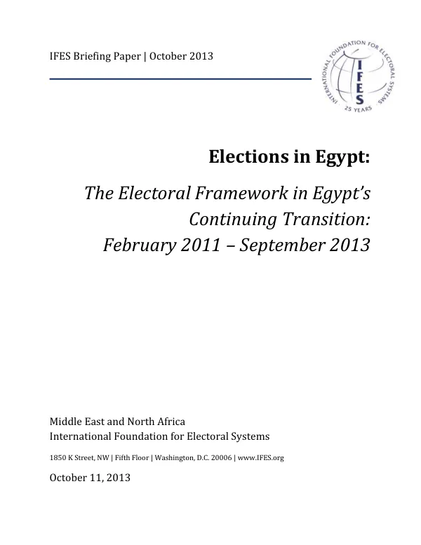 Elections in Egypt: The Electoral Framework in Egypt’s Continuing Transition: February 2011 – September 2013