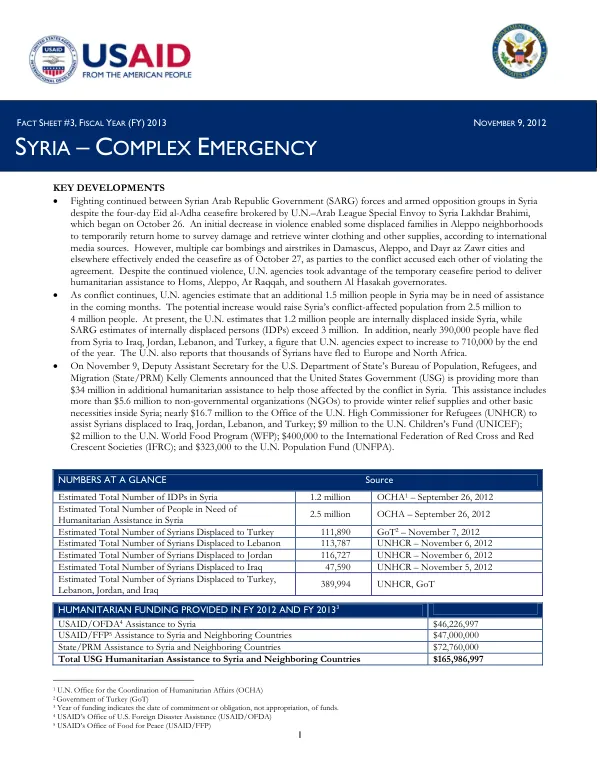 USG Syria Complex Emergency Fact Sheet #3 - FY 2013