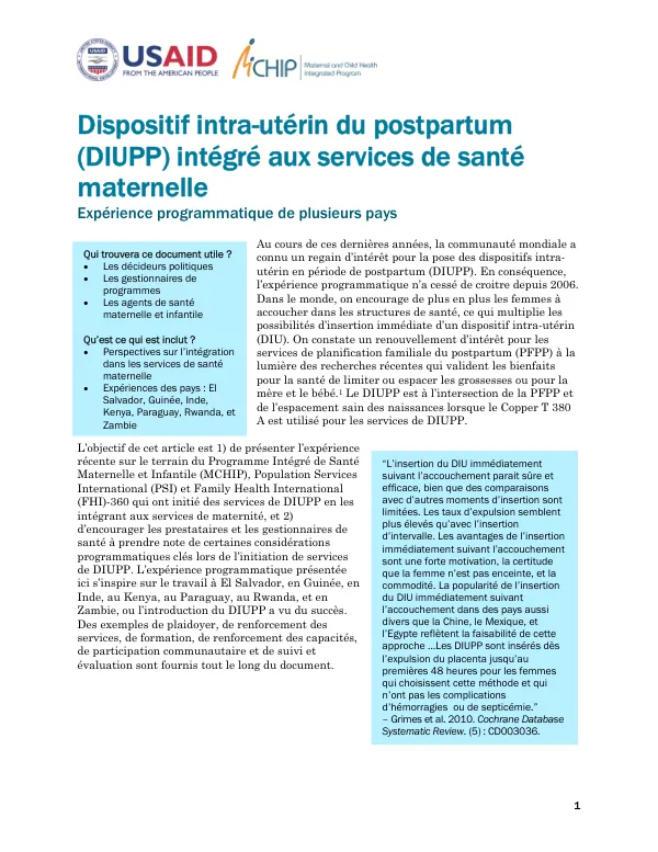 Dispositif intra-utérin du postpartum intégré aux services de santé maternelle
