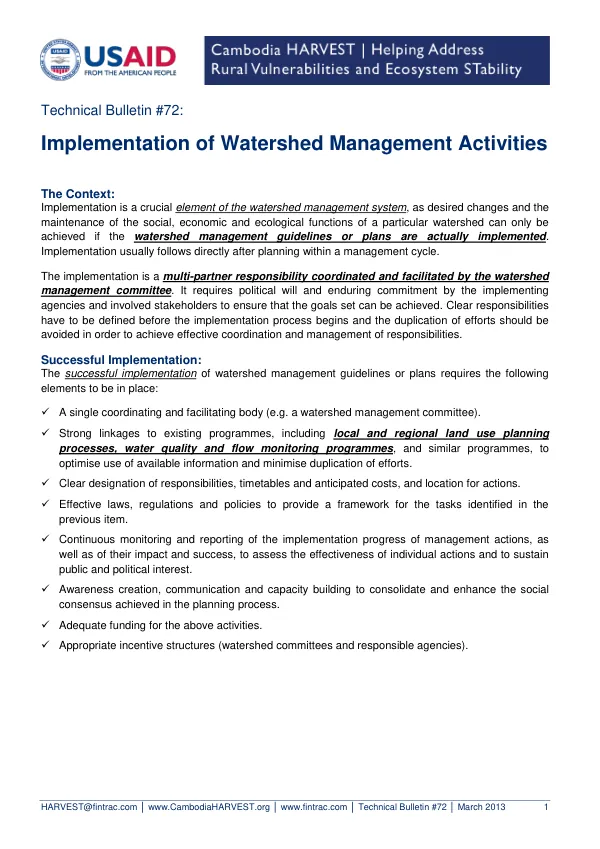 Implementation of Watershed Management Activities
