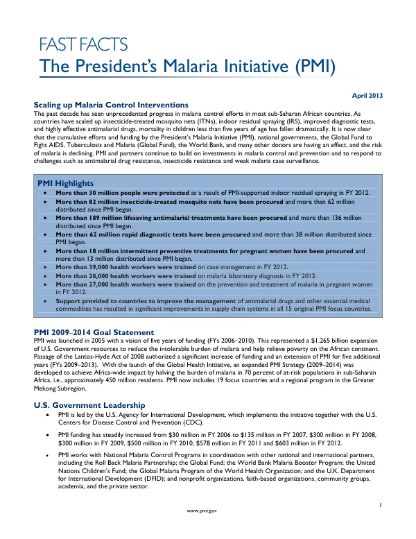 Fast Facts: President's Malaria Initiative (PMI)