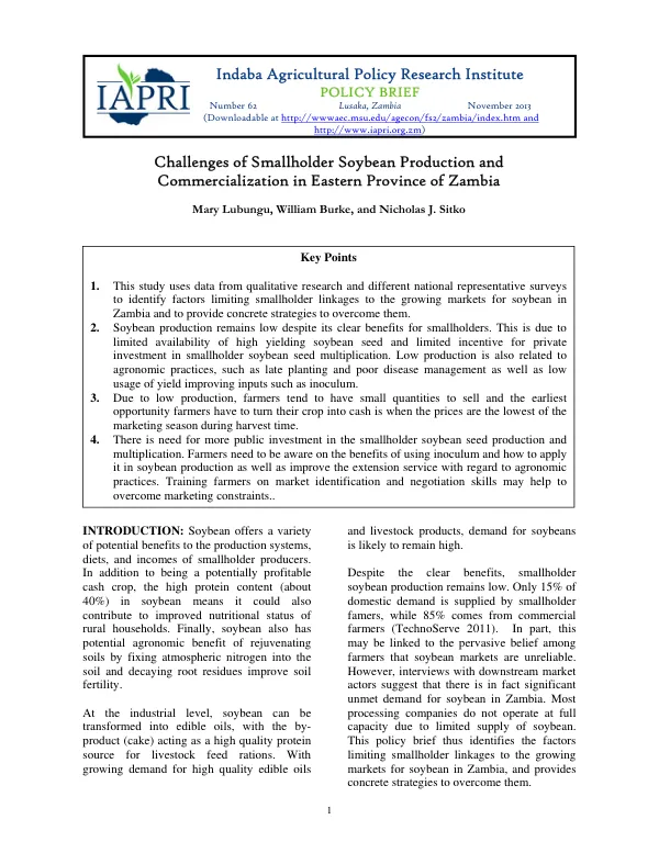 Challenges of Smallholder Soybean Production and Commercialization in Eastern Province of Zambia