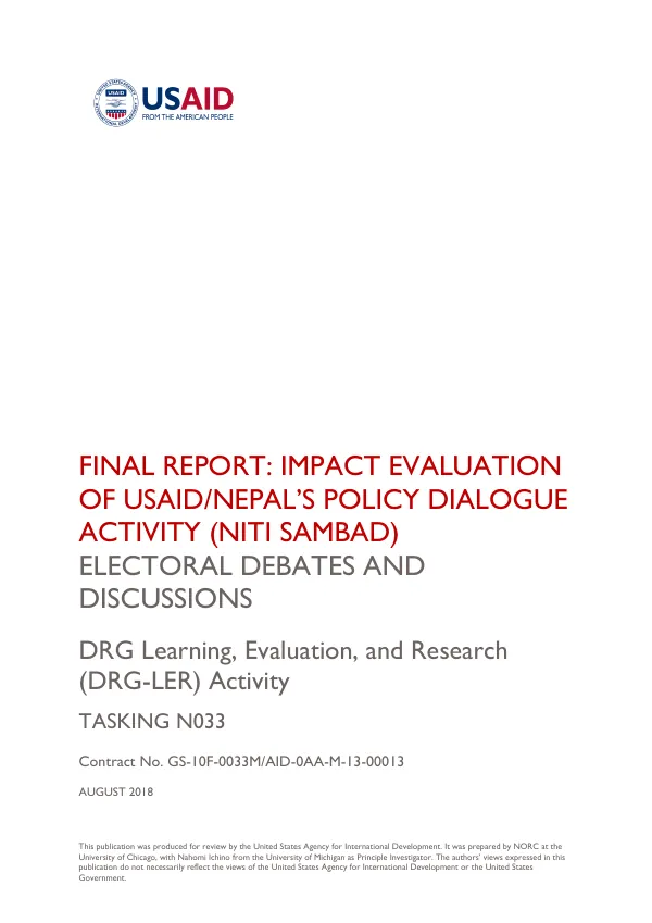 Final report : impact evaluation of USAID/Nepal’s policy dialogue activity (niti sambad) electoral debates and discussions