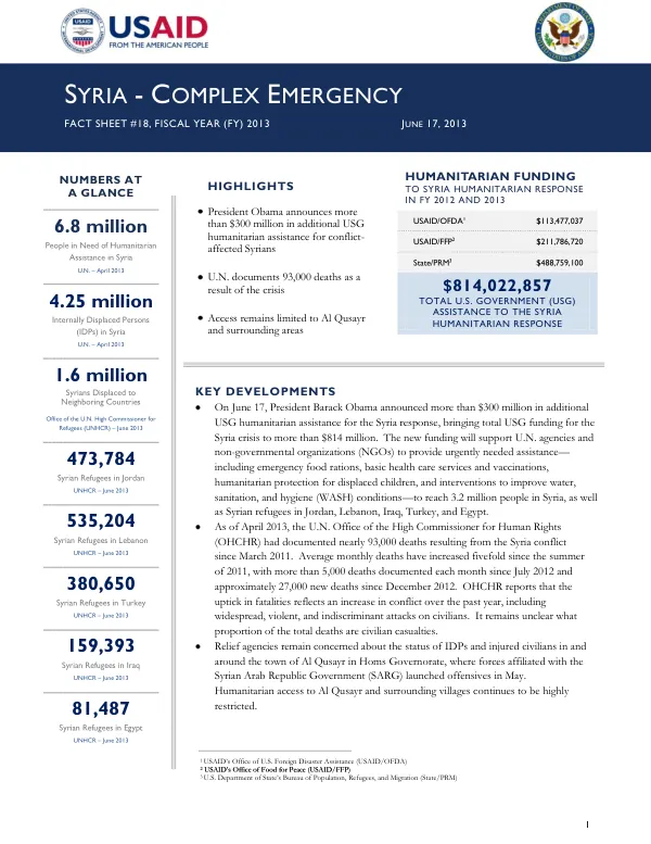 Syria - Complex Emergency Fact Sheet #18, Fiscal Year (FY) 2013