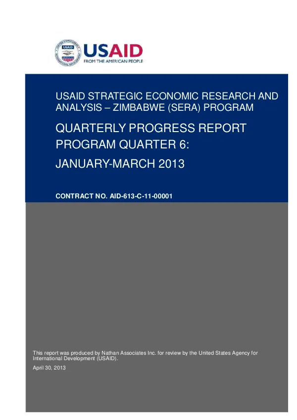 USAID Strategic Economic Research and Analysis – Zimbabwe (SERA) Program Quarterly Progress Report