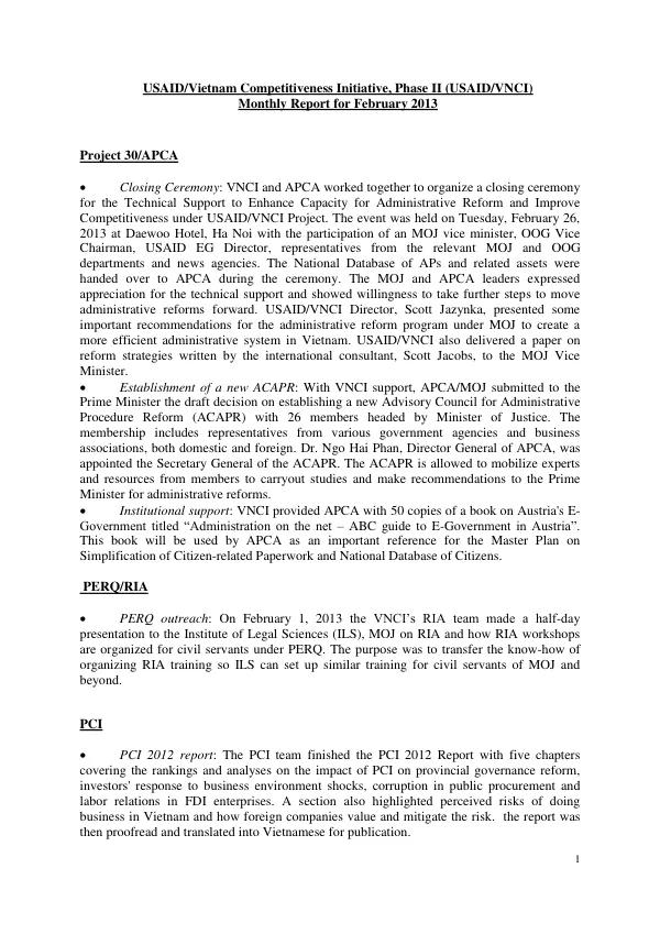 USAID VNCI II Monthly Report February 2013