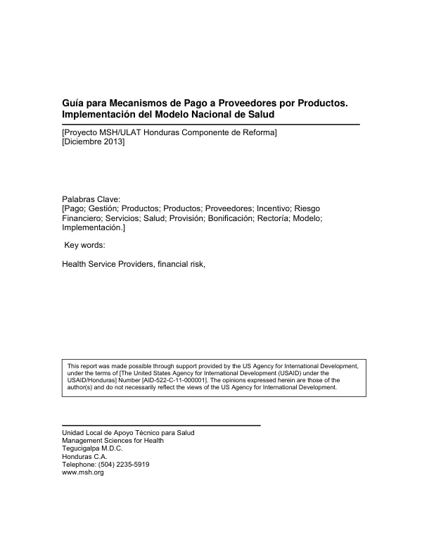 Guía para Mecanismos de Pago a Proveedores por Productos. Implementación del Modelo Nacional de Salud