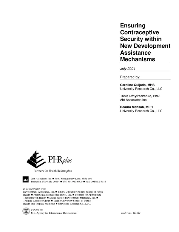 Ensuring contraceptive security within new development assistance mechanisms