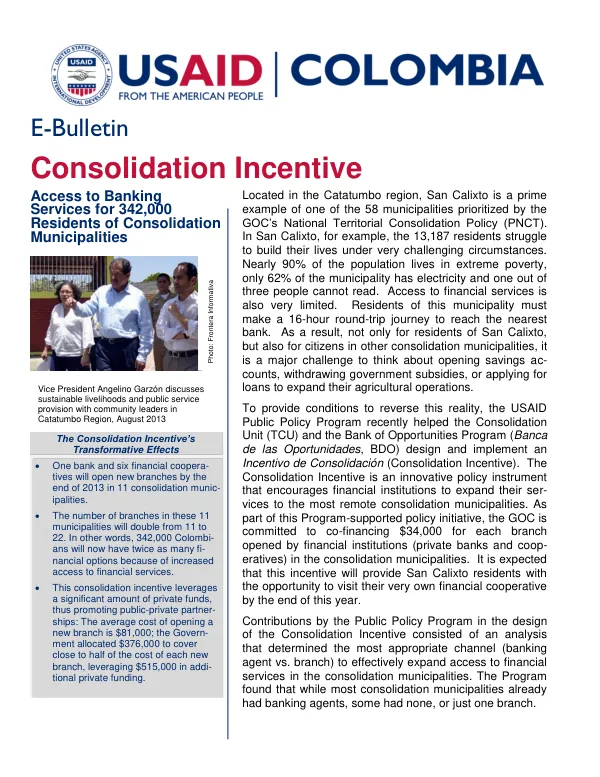 Consolidation Incentive Access to Banking Services for 342,000 Residents of Consolidation Municipalities