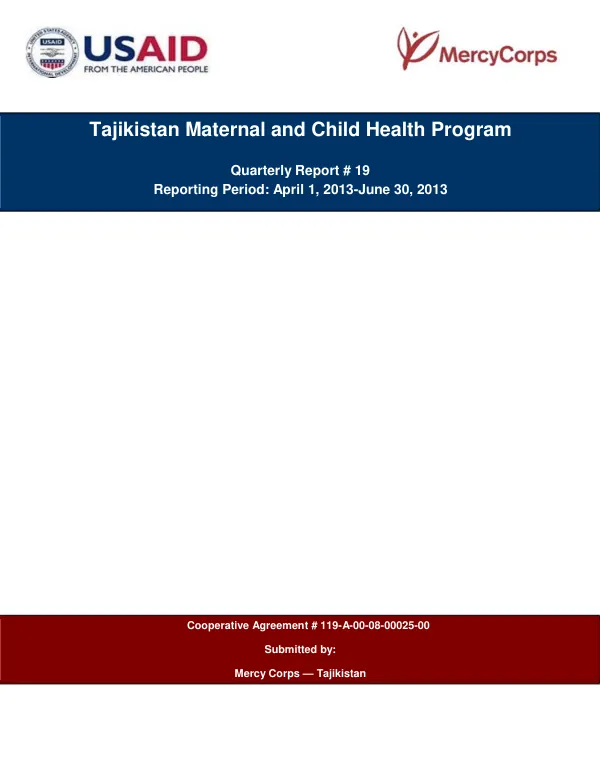 Tajikistan Maternal and Child Health Program Quarterly Report # 19