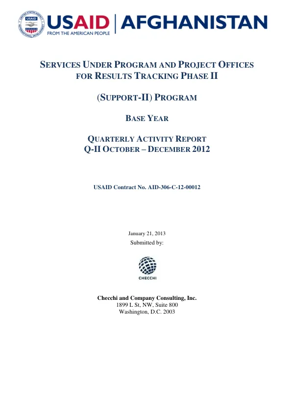 Quarterly Activity Report: Services Under Program and Project Offices for Results Tracking Phase II (SUPPORT-II) Program