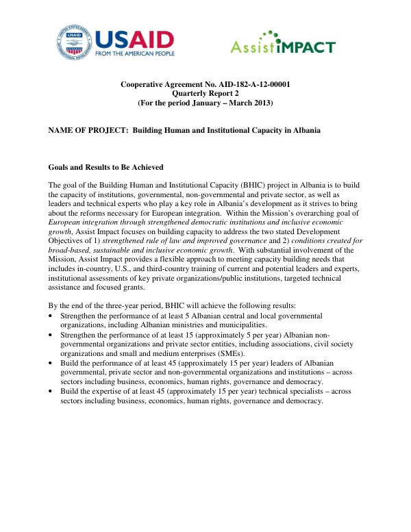 Building Human and Institutional Capacity Quarterly Report 2 - 2013