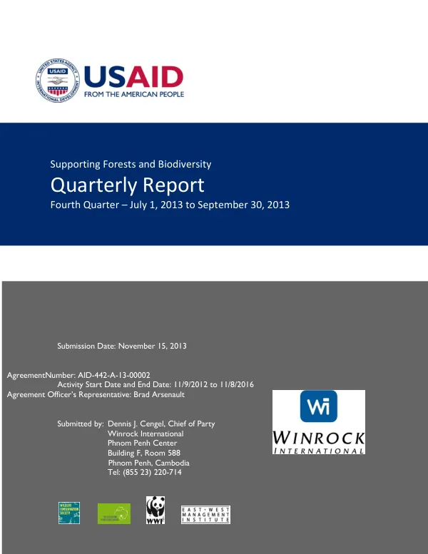 Supporting Forests and Biodiversity Project – Fourth Quarter Report – July 1 to September 30, 2013