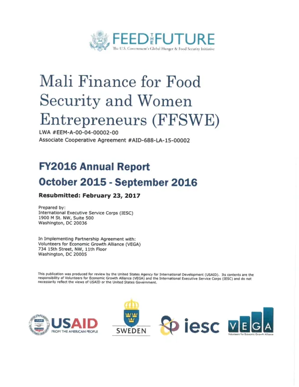 Mali Finance for Food Security and Women Entrepreneurs (FFSWE) FY2016 Annual Report (October 2015 - September 2016)