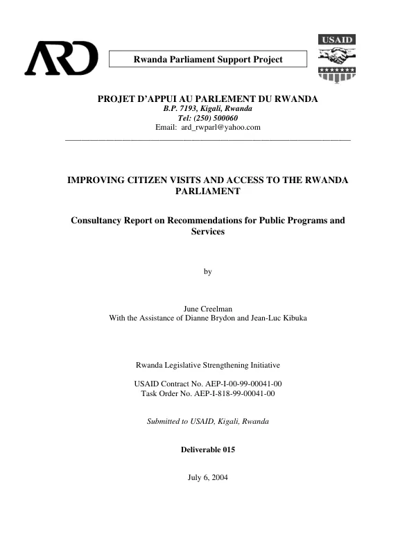 Improving citizen visits and access to the Rwanda parliament : consultancy report on recommendaions for public programs and services