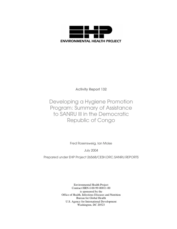 Developing a hygiene promotion program : summary of assistance to SANRU [Projet de soins de sante primaires en milieu rural] III in the Democratic Republic of the Congo